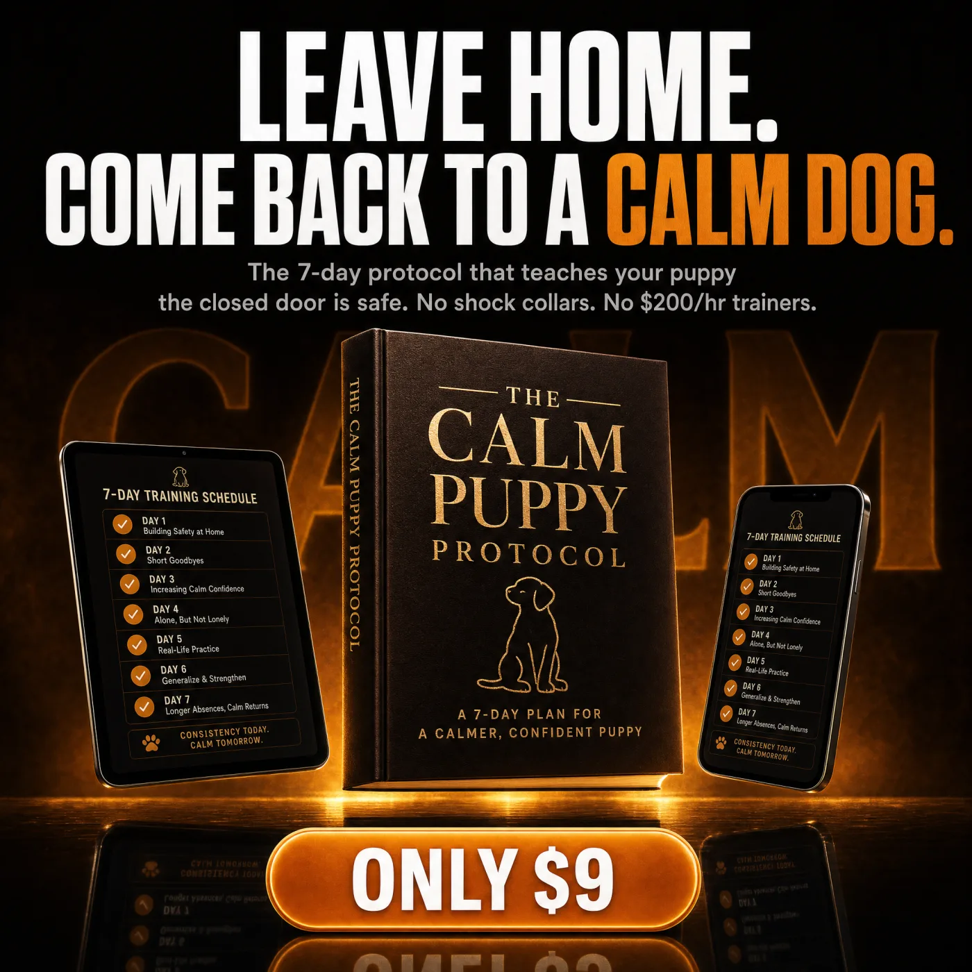 The Calm Puppy Protocol — 7-day training schedule shown on book, tablet, and phone